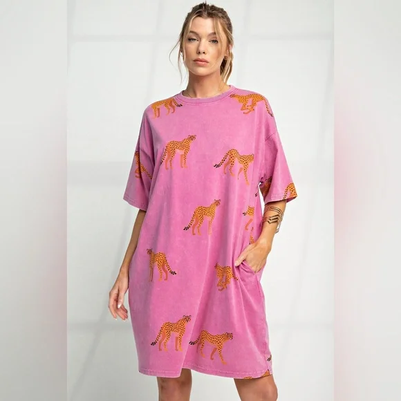 easel Hot Pink Cheetah-Print Oversized Tee Dress reposh - Picture 2 of 5